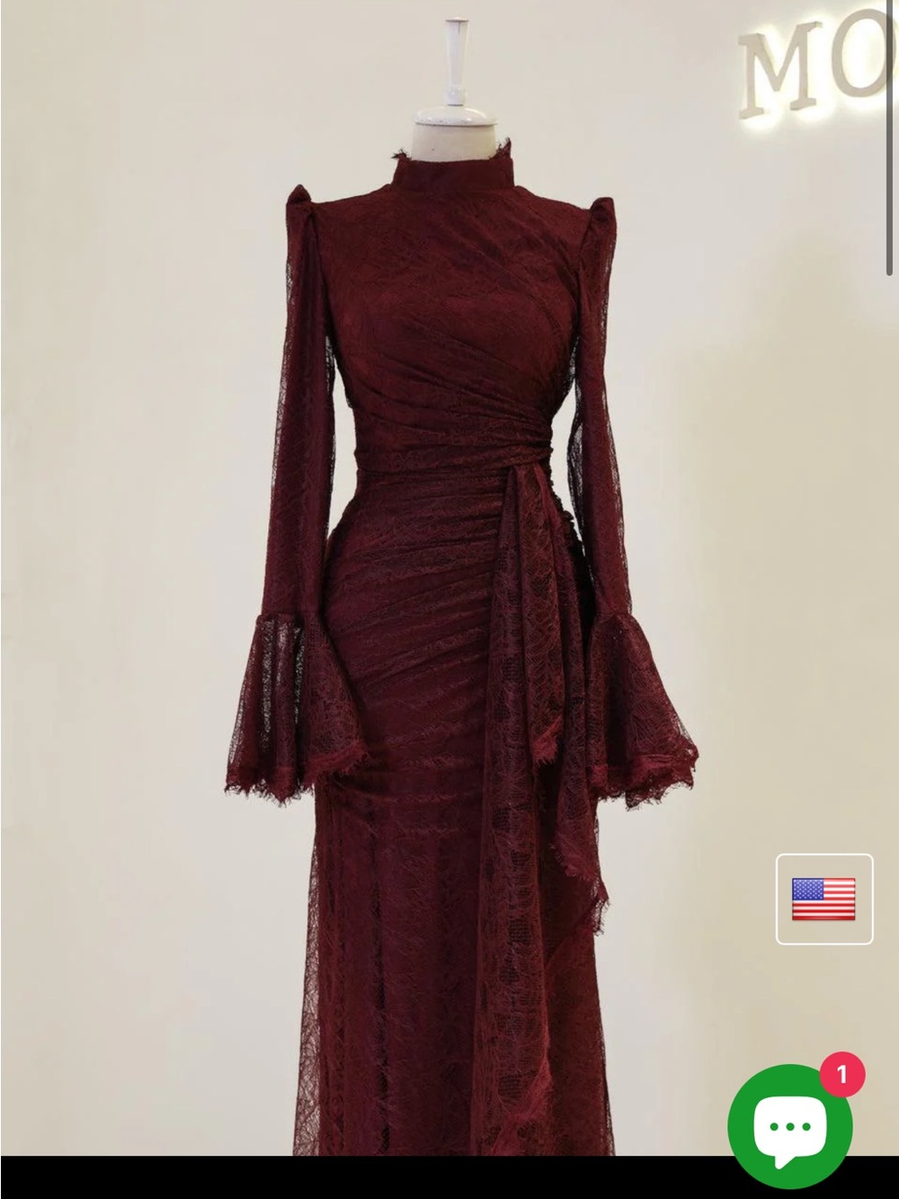 Women's Burgundy Lace High-Neck Long Sleeve Evening Dress